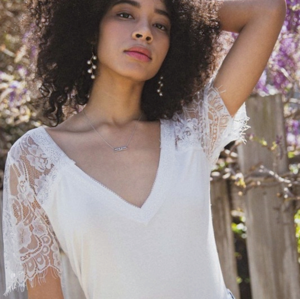 1left! Eyelash Lace casual V neck short sleeve top - Picture 6 of 8